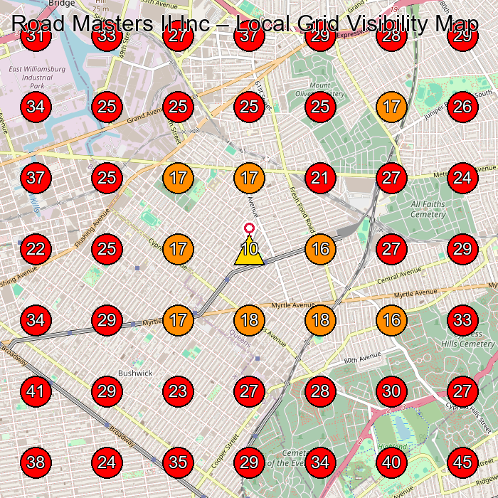 Road Masters II Inc GeoGrid visibility map for Used Car Dealer in Queens